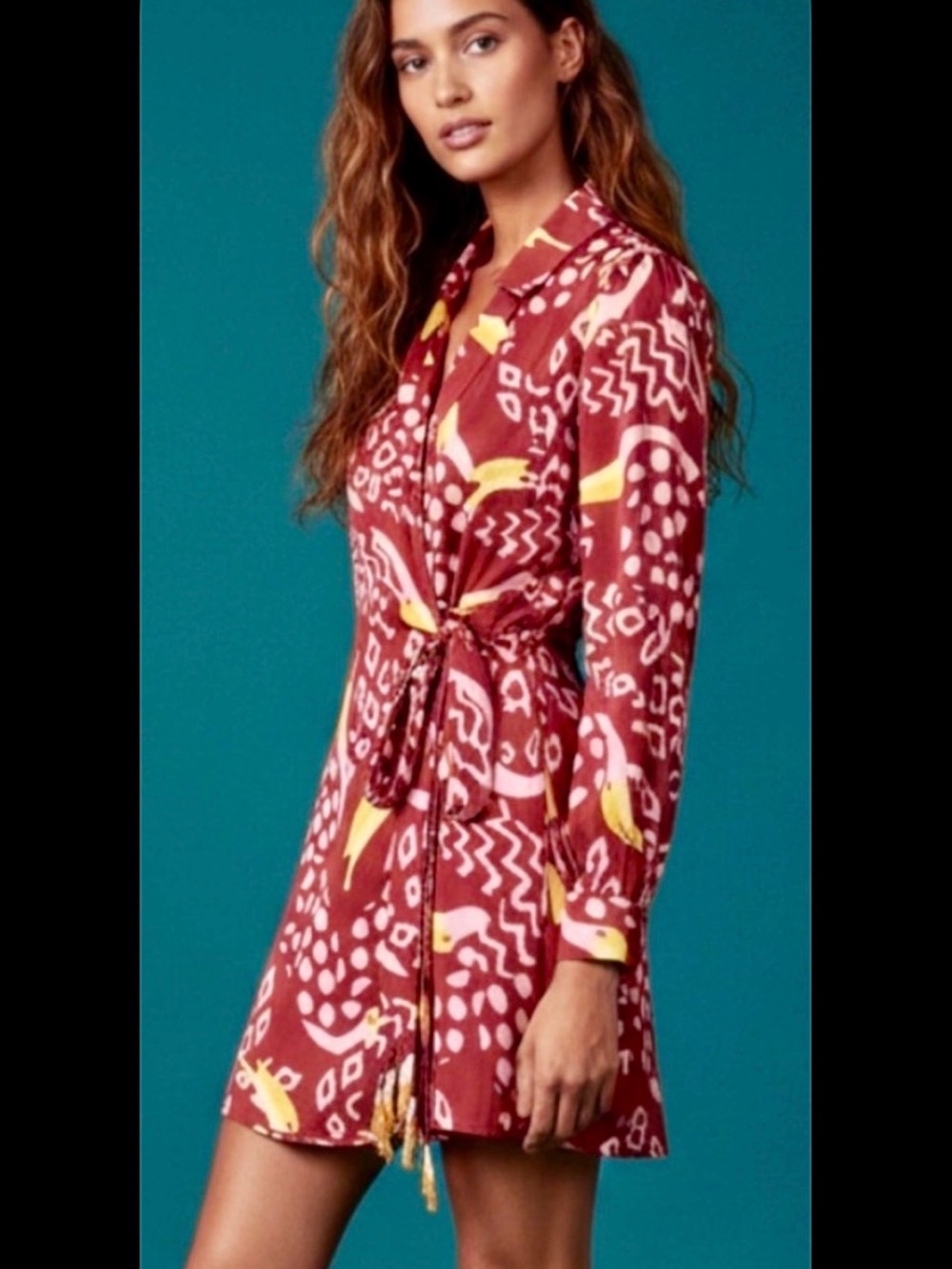 FARM RIO Toucanissimo! Cocktail Mini-Mock-Wrap Dress in Burgundy & Yellow 💣